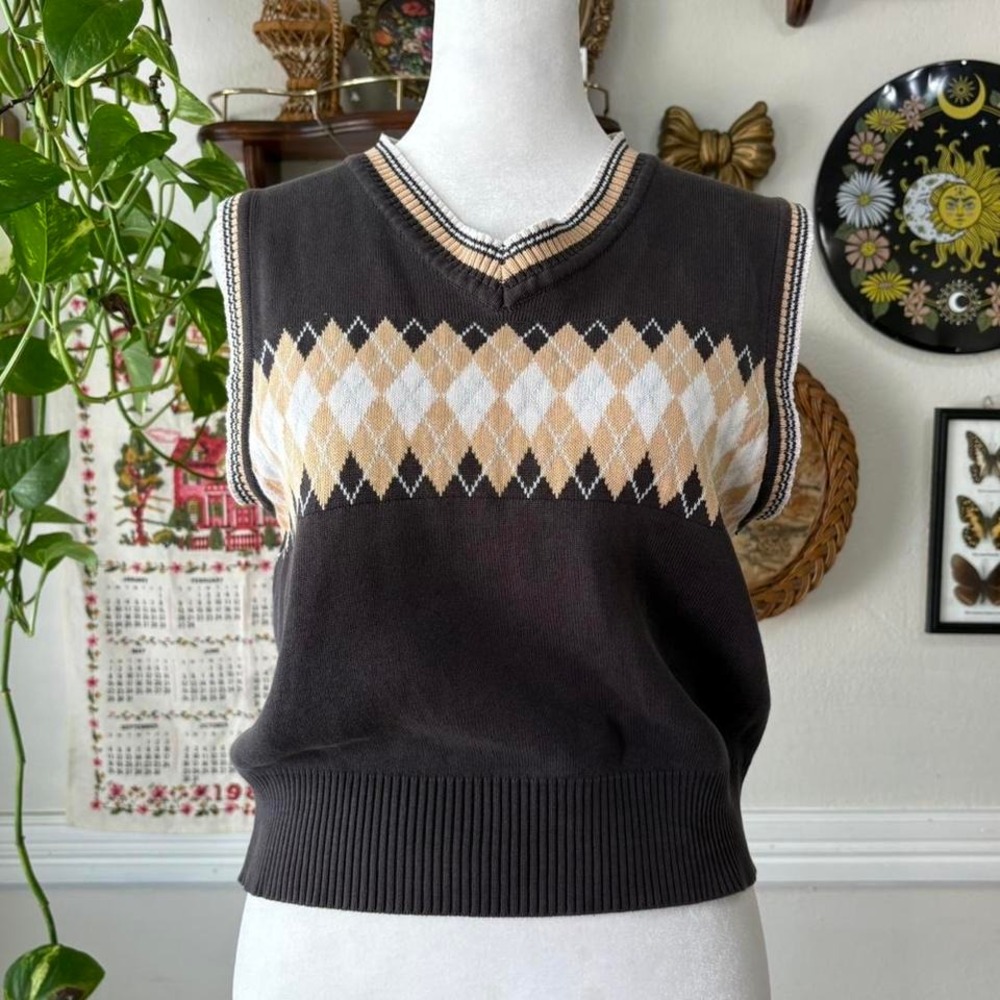 Vintage Fairway Women's Size Small Argyle Sweater Vest‎ Chocolate Brown Earthy
